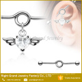 Surgical Steel Pink Clear Heart CZ Angel Wing Charm Dangle Ear Industrial Barbell